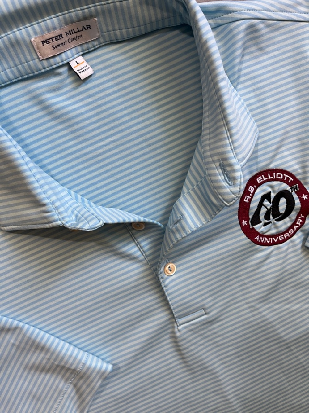 Peter Millar Sky Blue White Pinstripe Polo with Anniversary Patch. Large - Picture 2 of 7